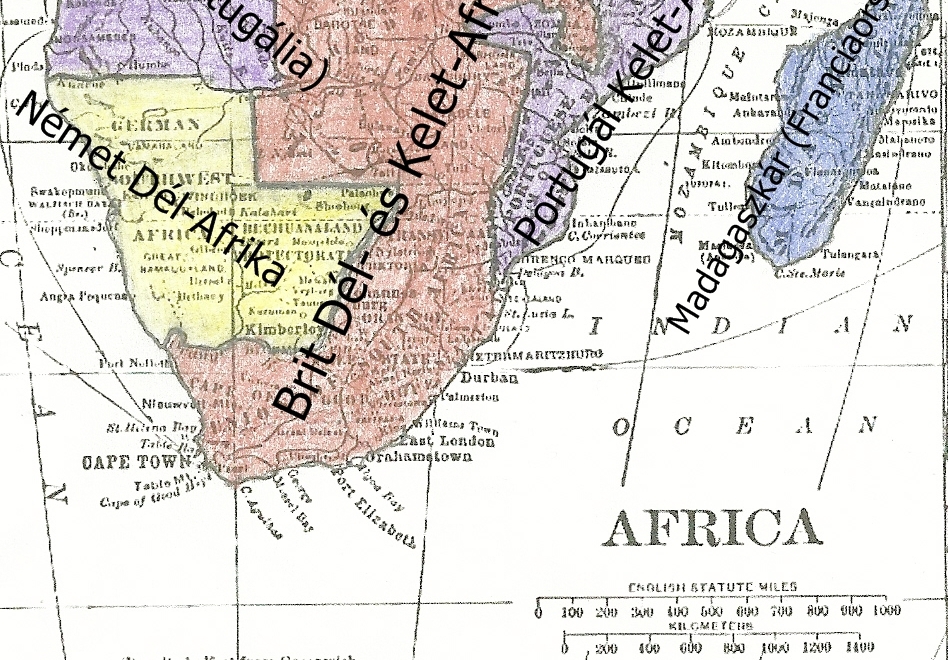 Térkép a gyarmati átrendeződés Afrikában az alternatív történelemben. Franciaország és Nagy-Britannia nagy területeket veszít Afrikában Németország, Olaszország és Törökország javára. Észak-Afrikában Egyiptom Törökországhoz kerül, Tunézia és Algéria Olaszországhoz. Ezen kívül Abesszína lerohanásával, és több vesztes hatalom kezén lévő gyarmat megszerzésével megalakul Olasz Kelet-Afrika. Németország megszerzi Dél-Nigériát valamint több kisebb területet Nagy-Britanniától.